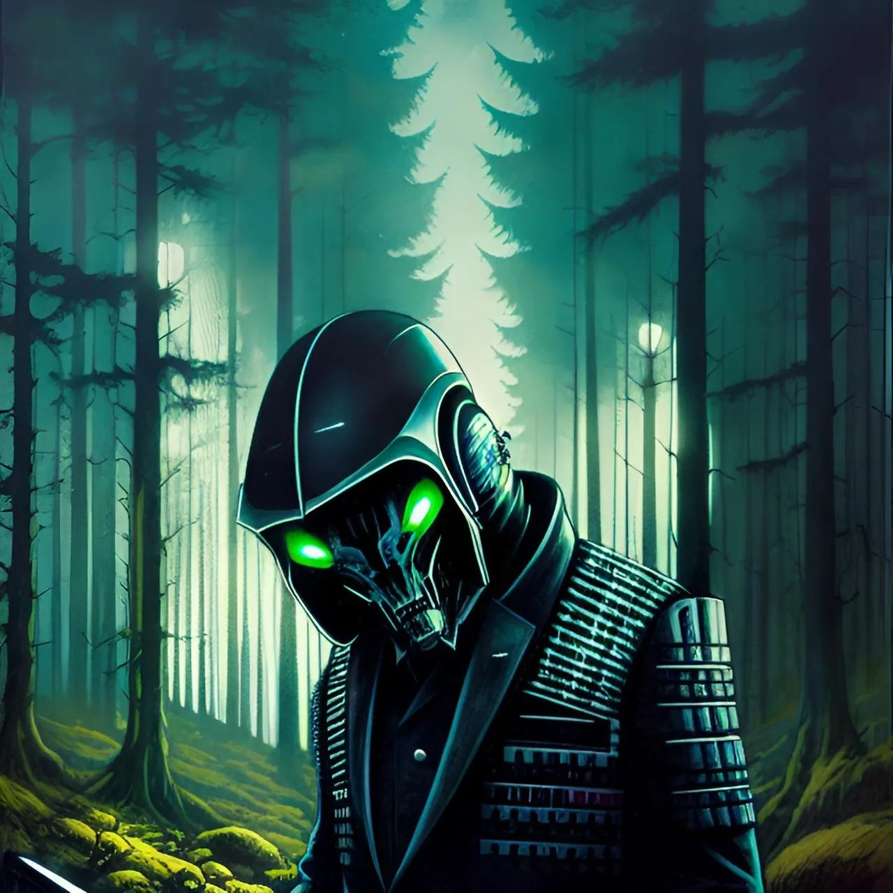 a painting of a man in a gas mask in a forest