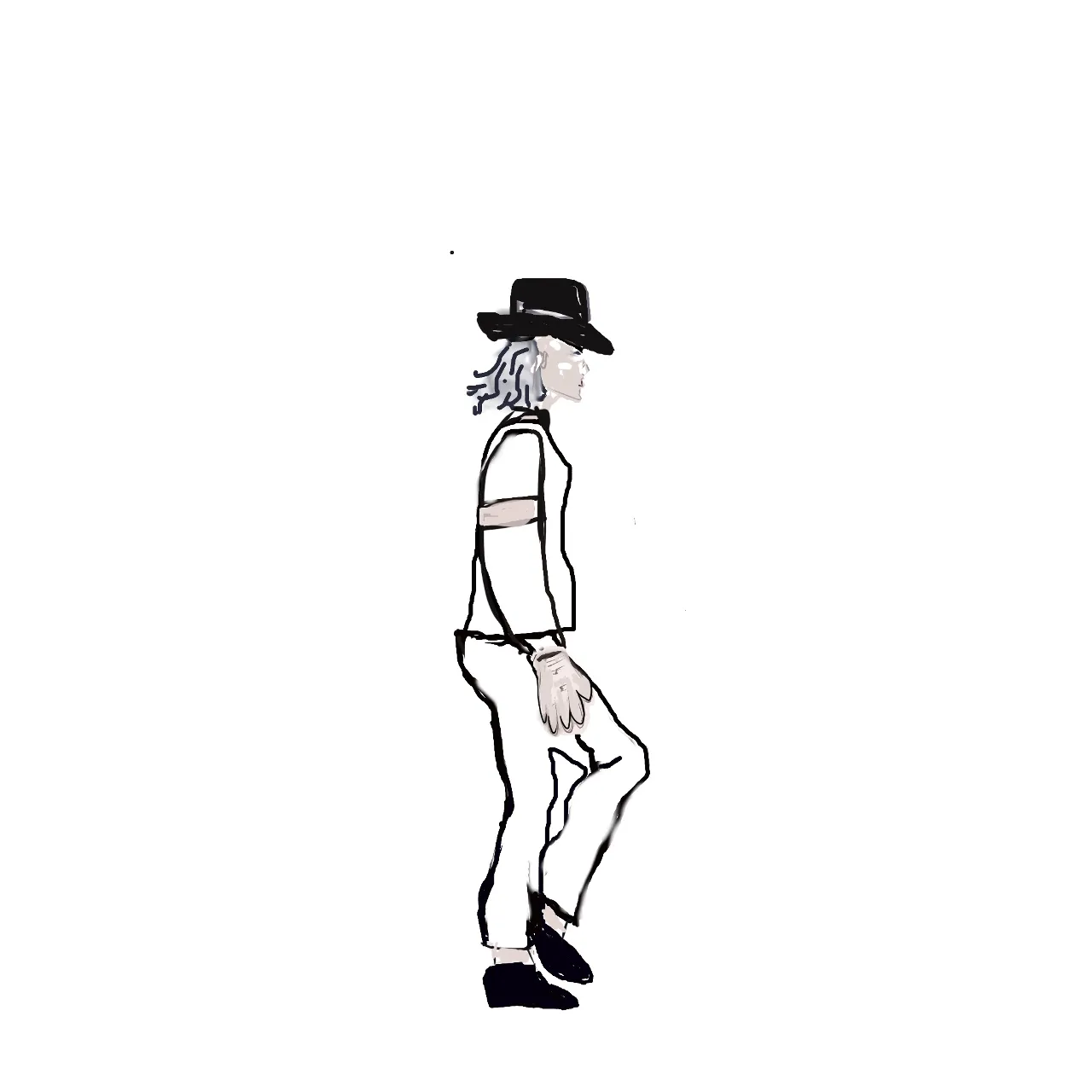 a black and white drawing of a man dancing moonwalk