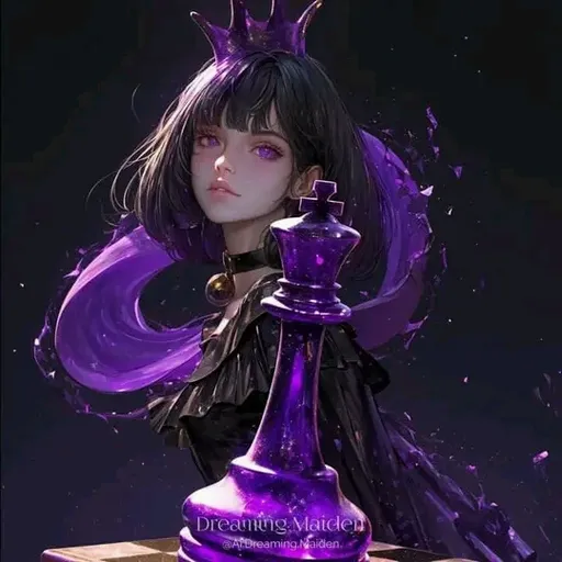 a woman with a purple dress and a purple chess piece