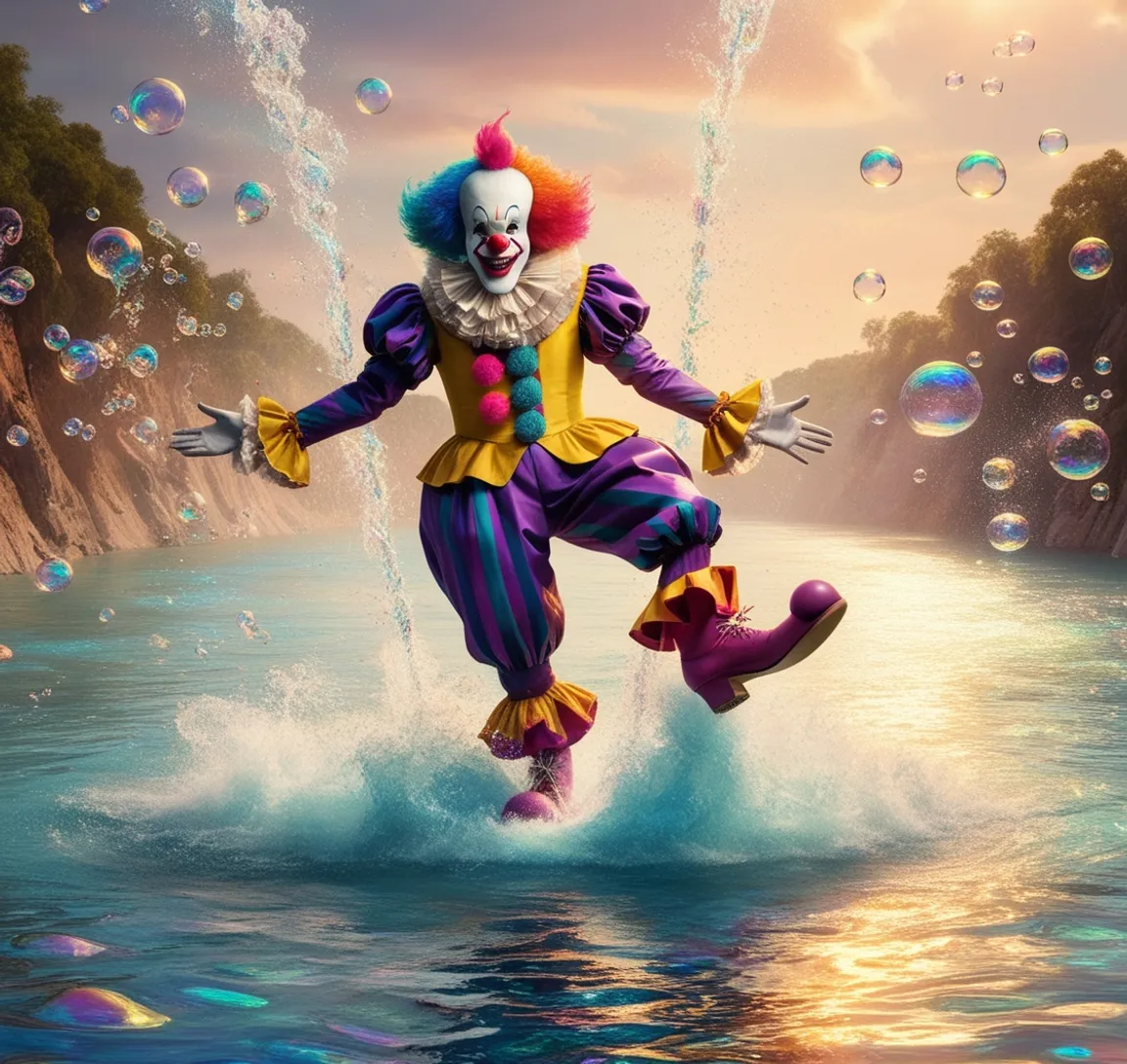 a painting of a clown in the middle of a body of water