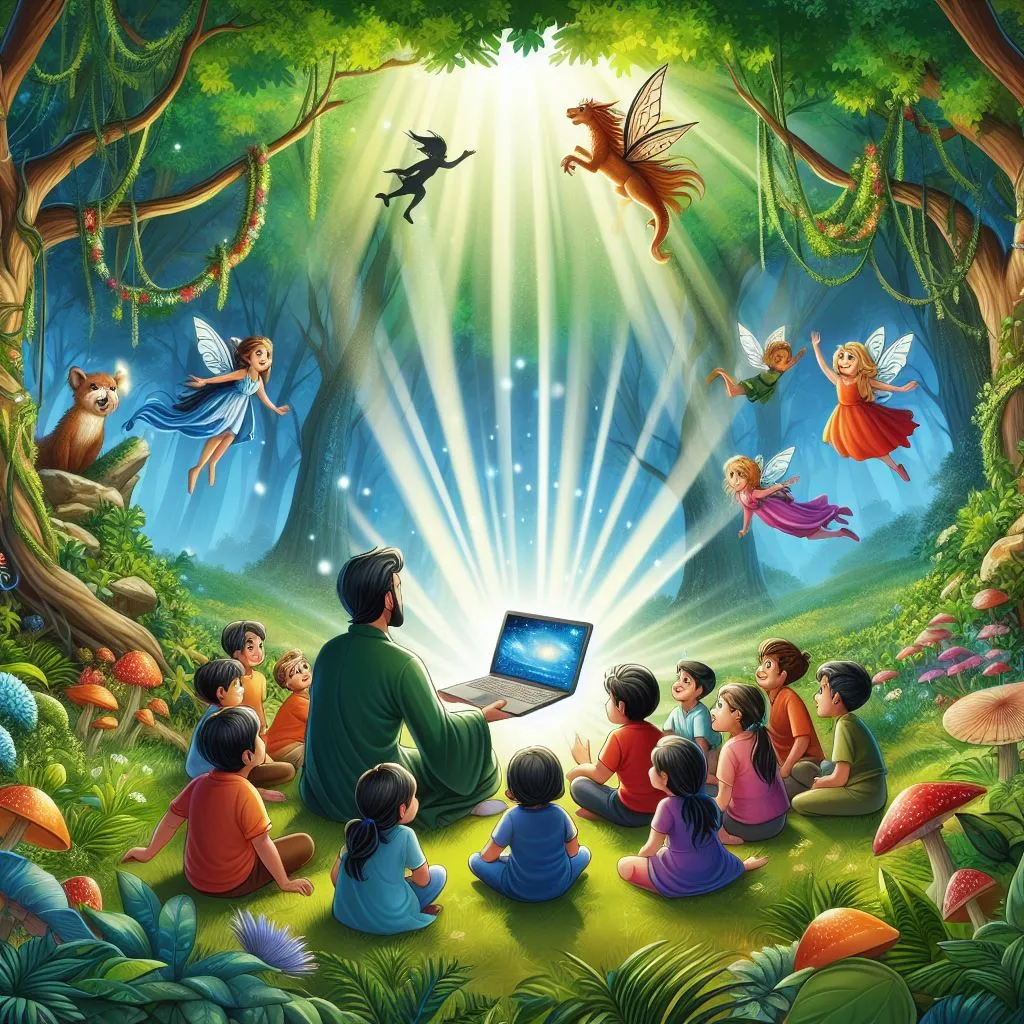 children are gathered around Man as he opens his magical laptop in the middle of a lush, vibrant forest. Rays of light from the laptop reveal hidden magical creatures in the surrounding, like fairies peeking out from behind the leaves and dragons lazily swirling in the sky above.