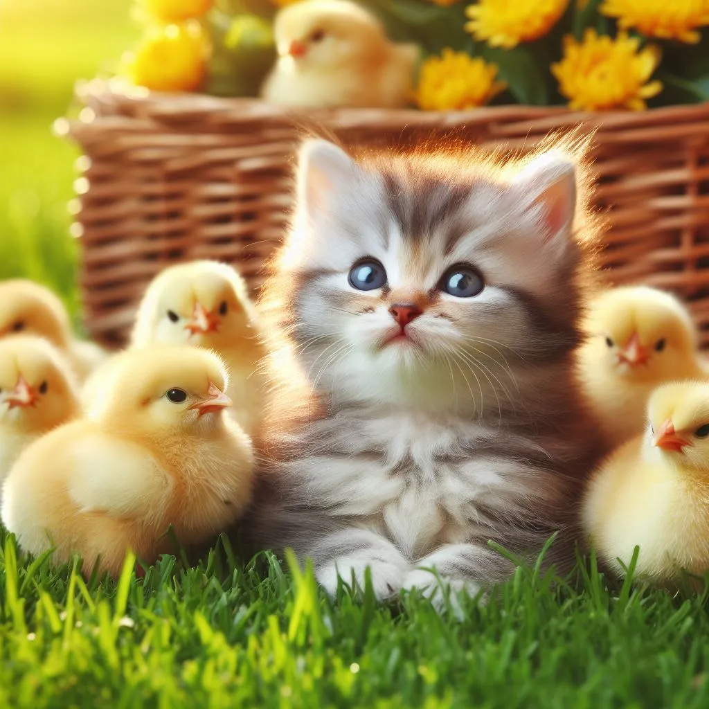 a kitten sitting in the grass next to a bunch of chicks