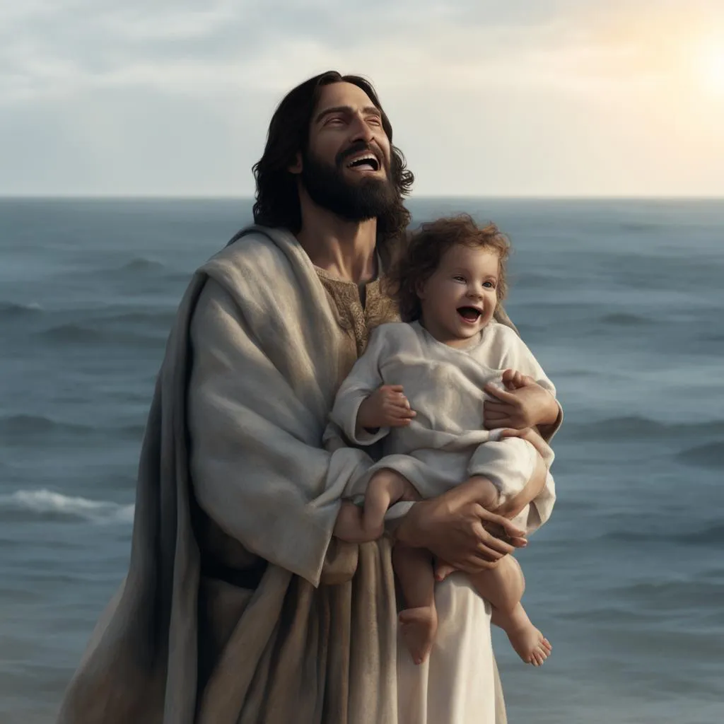 a painting of jesus holding a baby on the beach