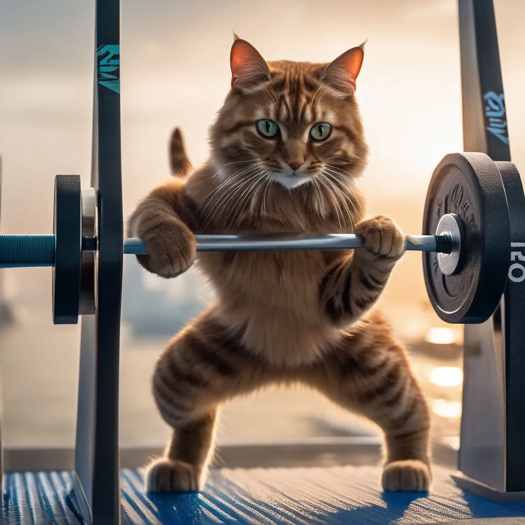 a cat that is standing on a barbell