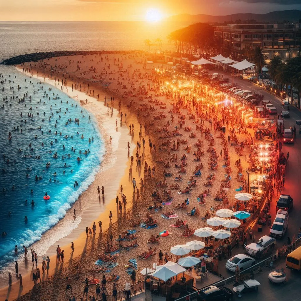 A time-lapse shot of the beach from dawn to dusk, showing people arriving, enjoying the day, and then a party starting as the sun sets.