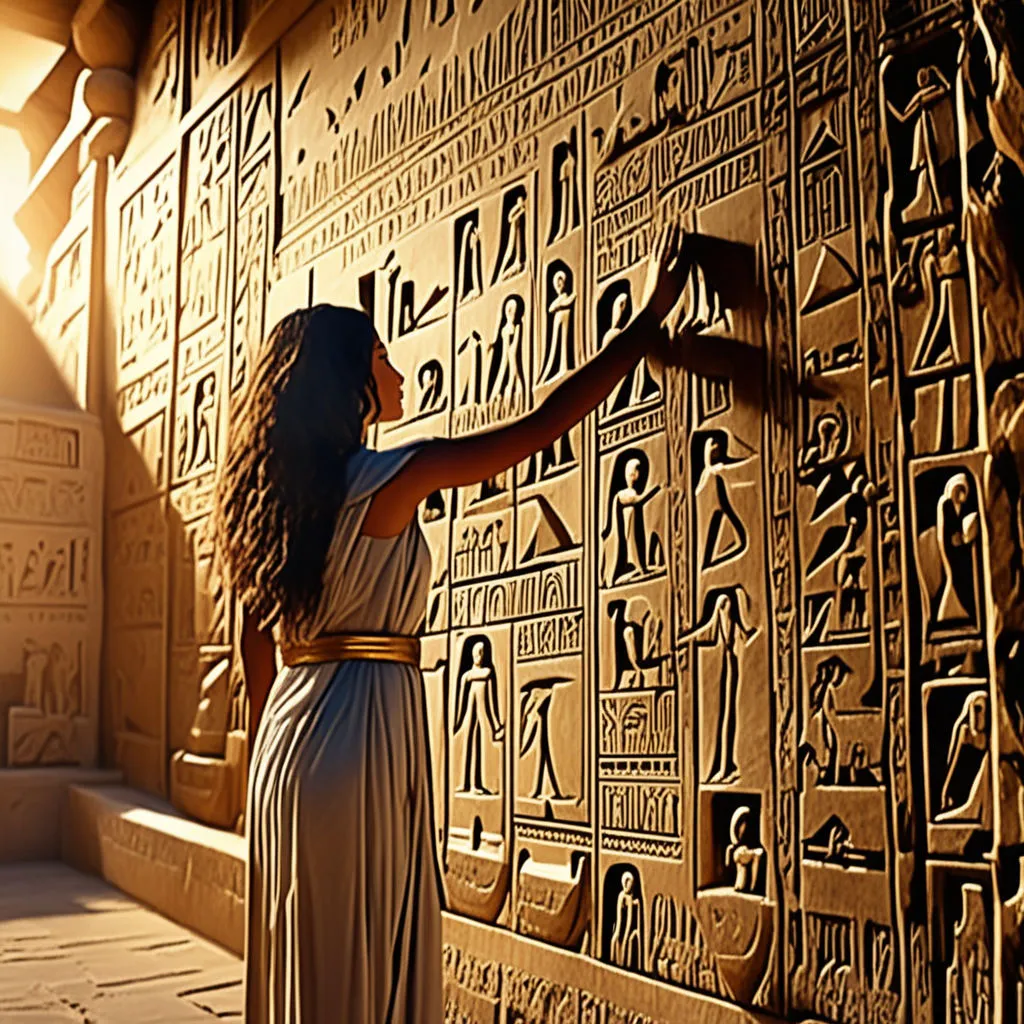 a woman standing next to a wall with egyptian writing on it