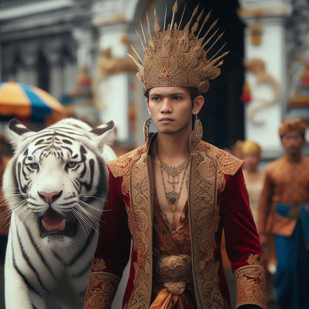 a man in a costume with a tiger behind him