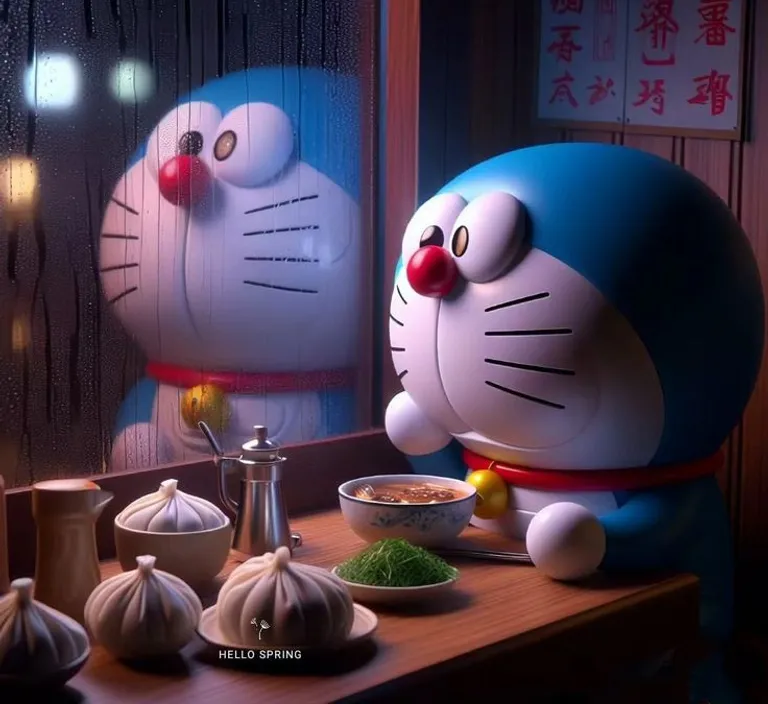 a couple of doraemon characters standing next to each other and having momos 