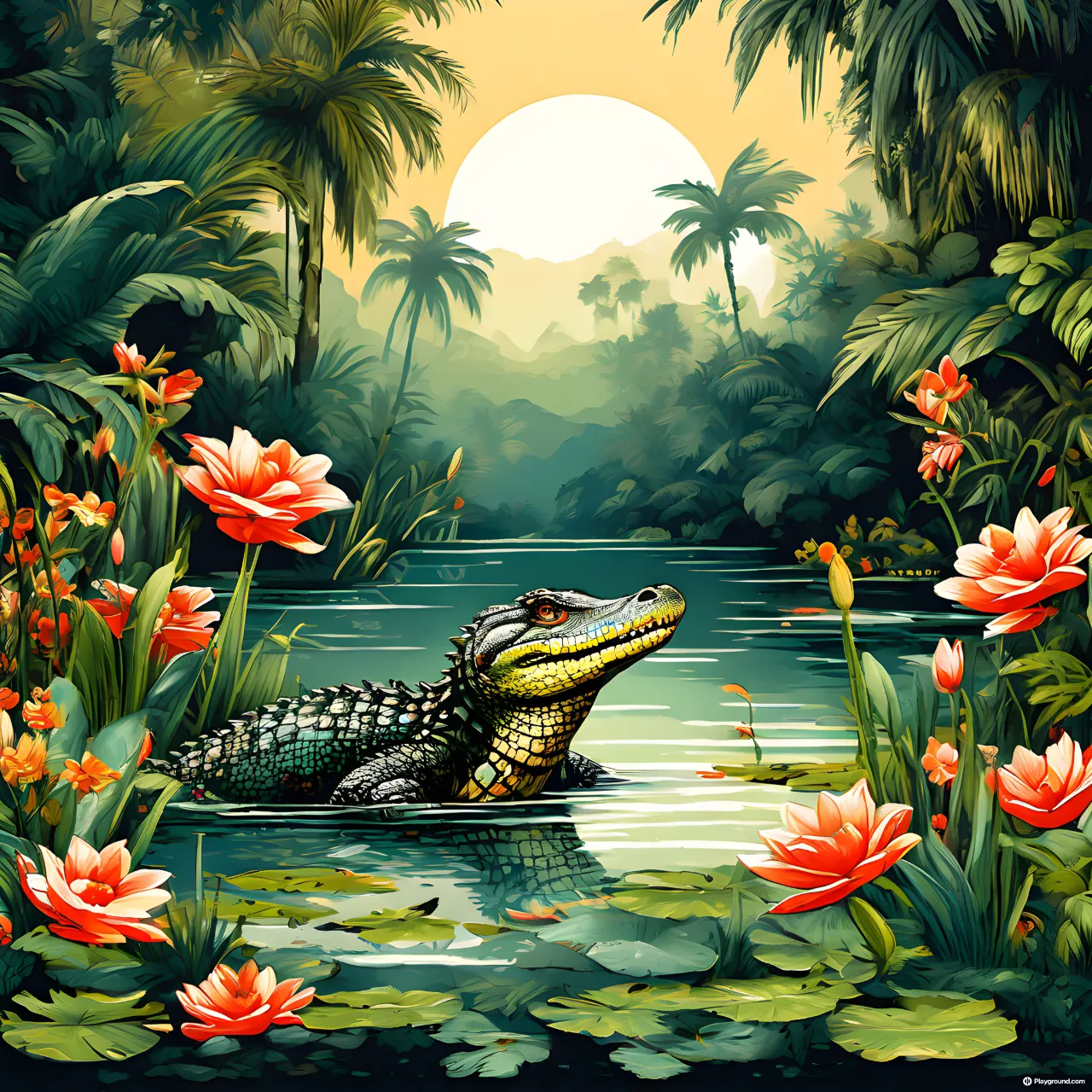 a painting of a crocodile swimming in a pond