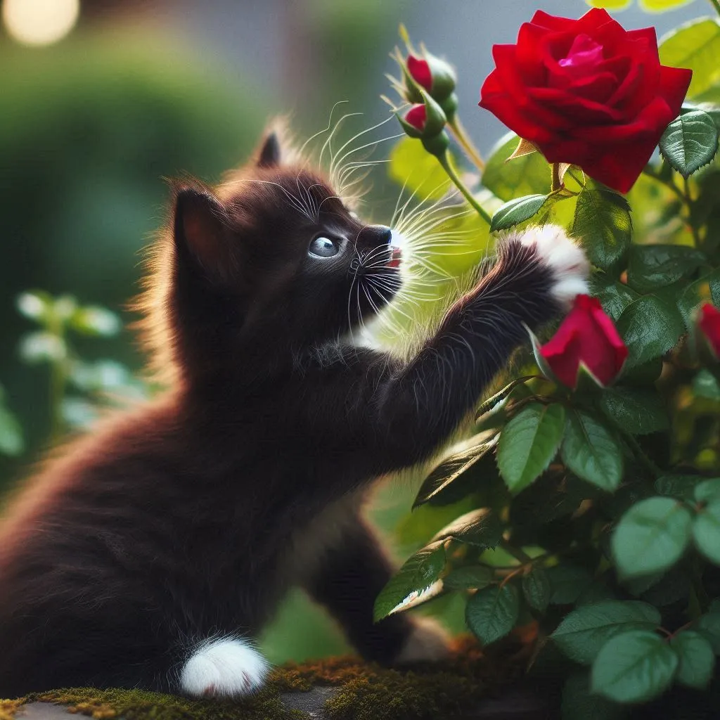 a kitten reaching up to a red rose