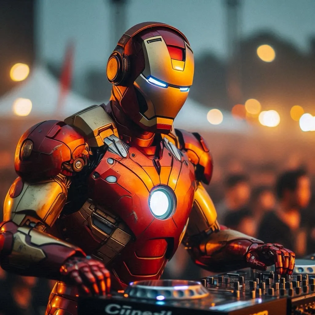 cinematic scene of iron man playing DJ in a music festival, crowd dancing and enjoying in the background, iron man dances in attitude , realistic textures , advertising style