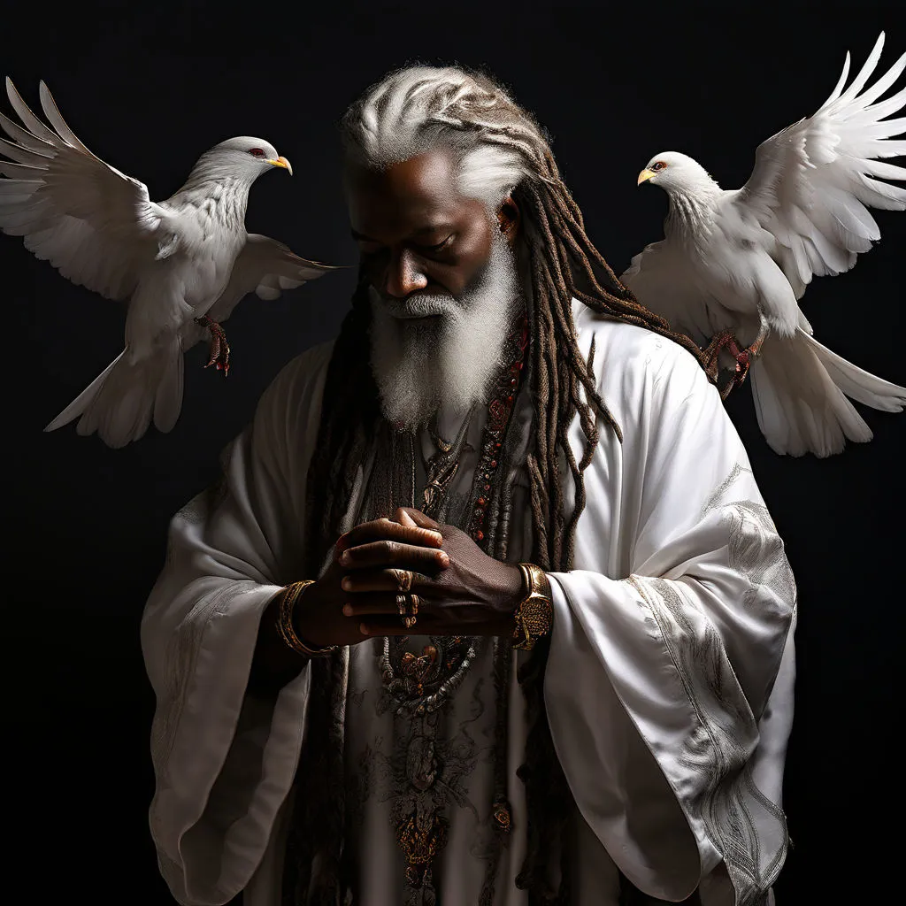 a man with dreadlocks holding two white doves