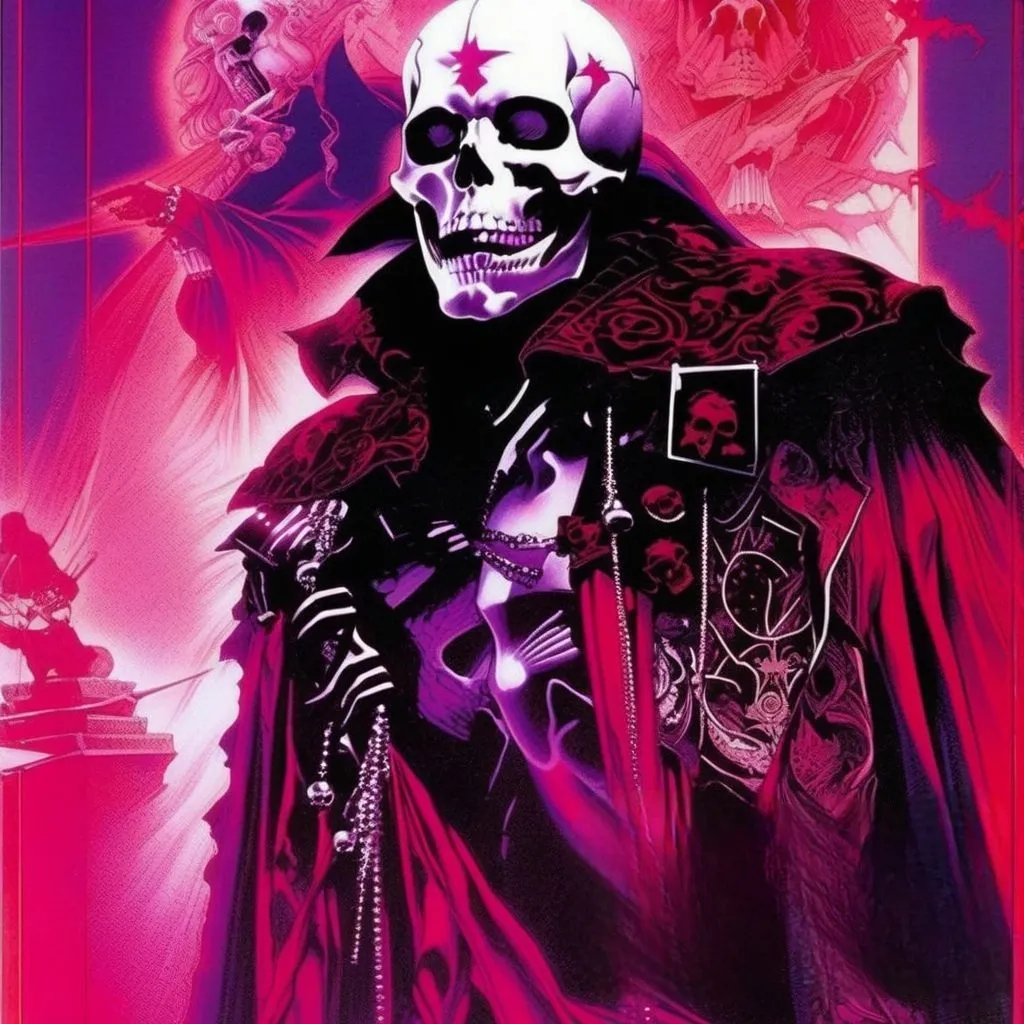 a painting of a skeleton wearing a red cape