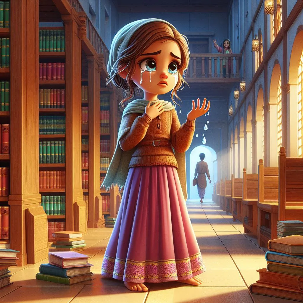 a little girl standing in a library holding her hand up