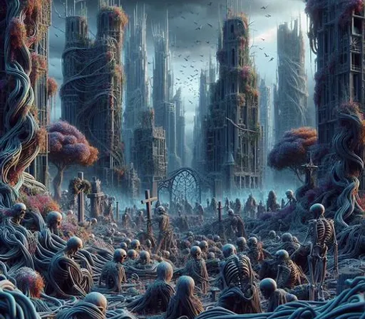 a painting of a city filled with lots of skeletons