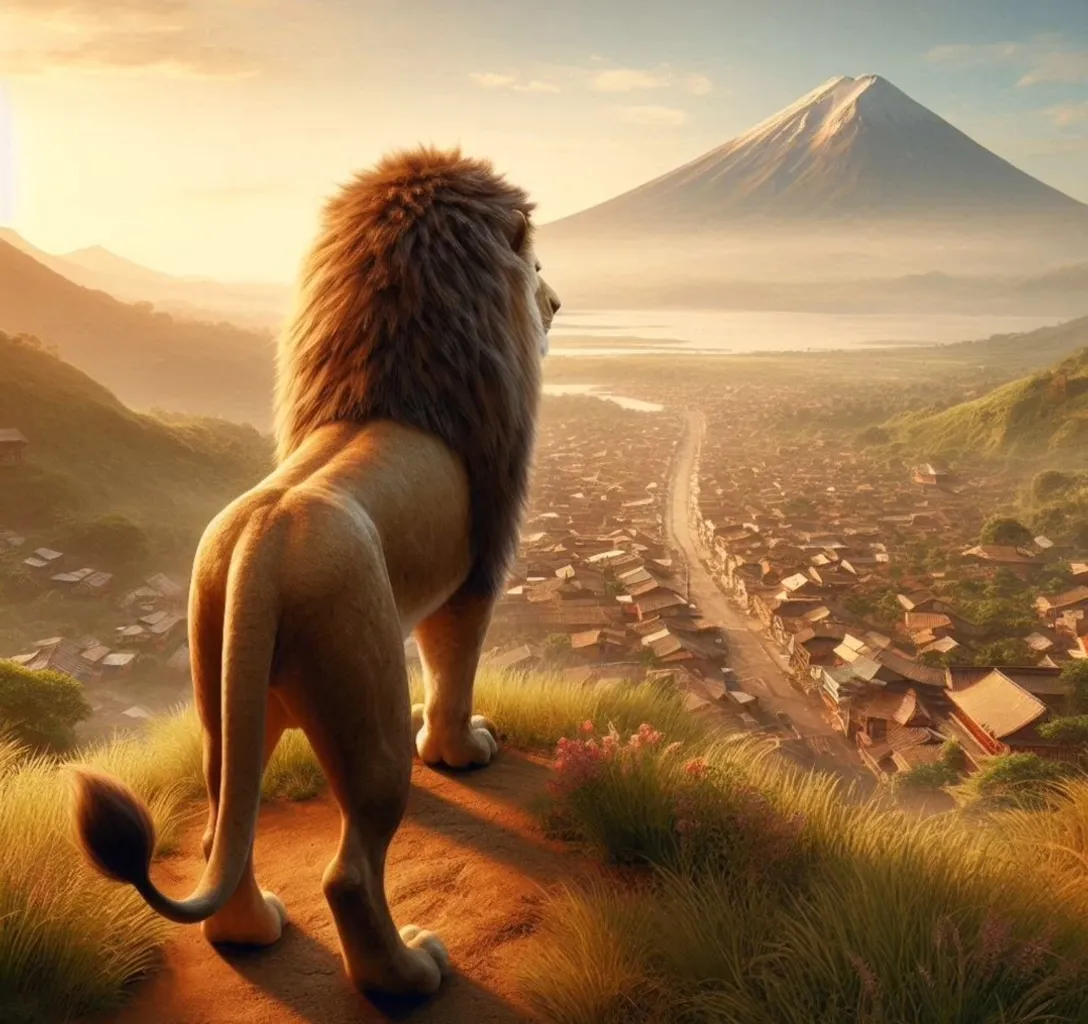 A lion standing on top of a lush green hill overlooking the village