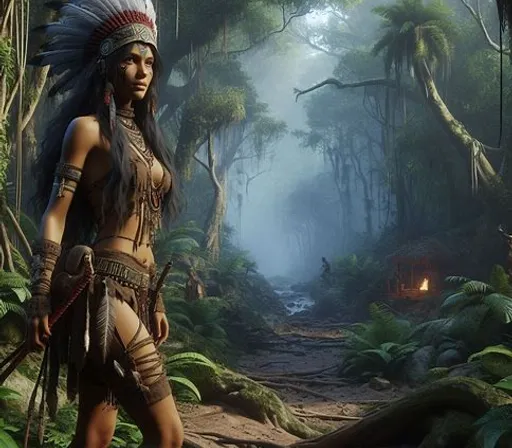 a woman in a native american costume walking through a forest