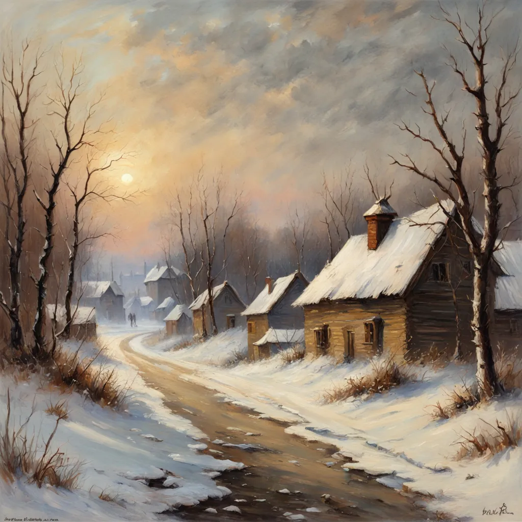 a painting of a snow covered country road