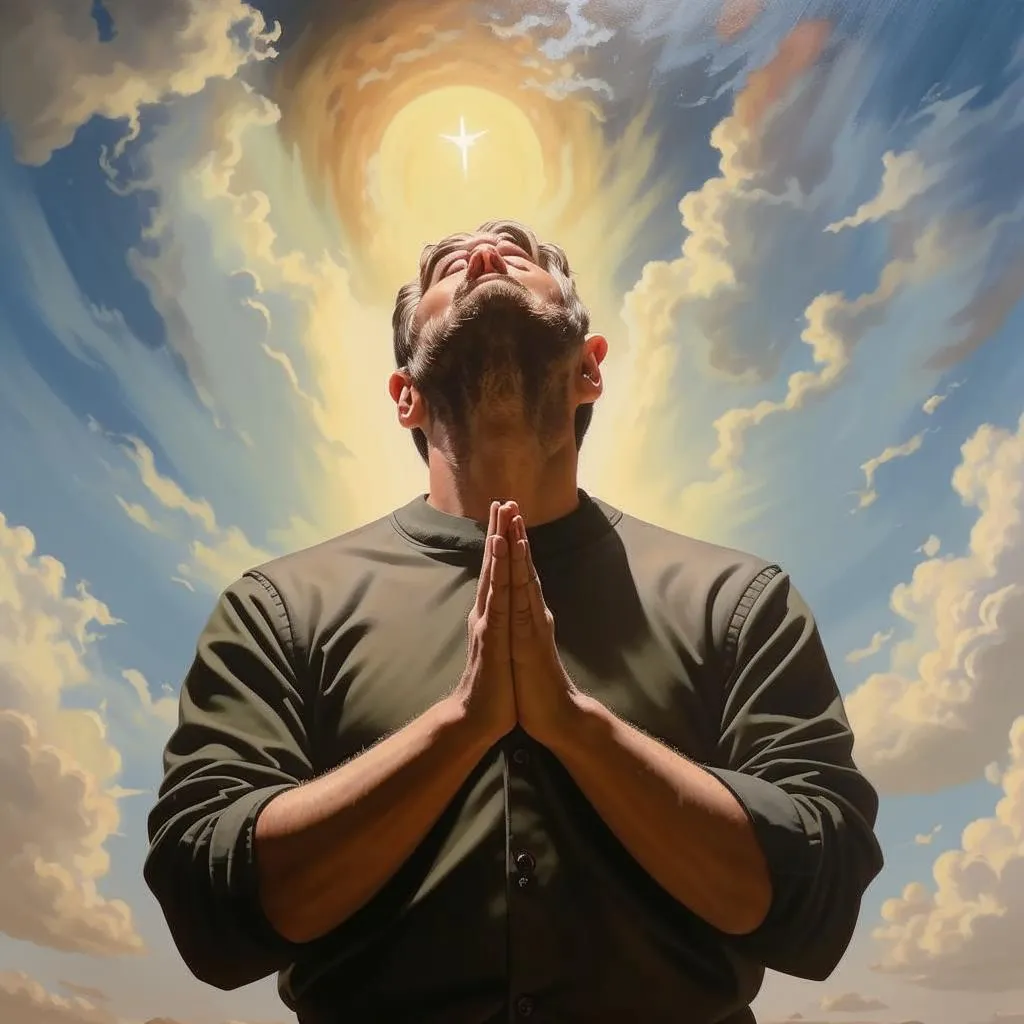 a man standing in front of a painting of clouds