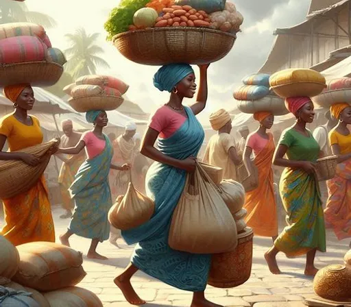 a group of women carrying bags of food on their heads