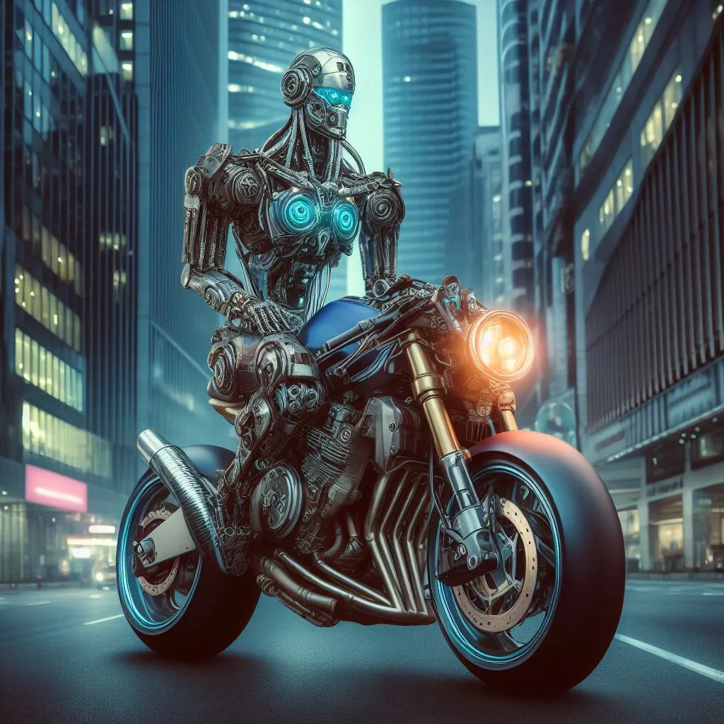 a robot riding a motorcycle on a city street