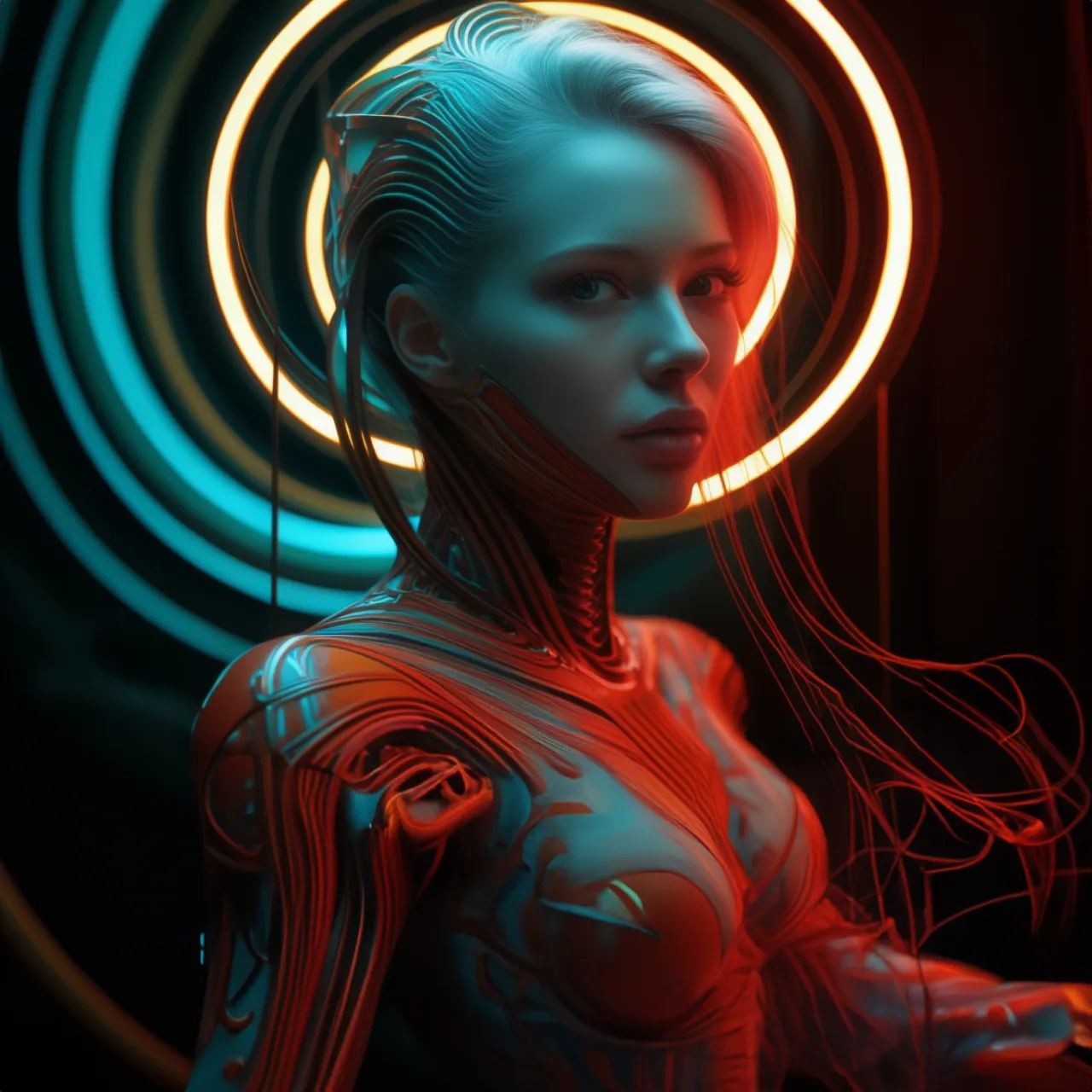 a woman in a futuristic suit with neon lights around her