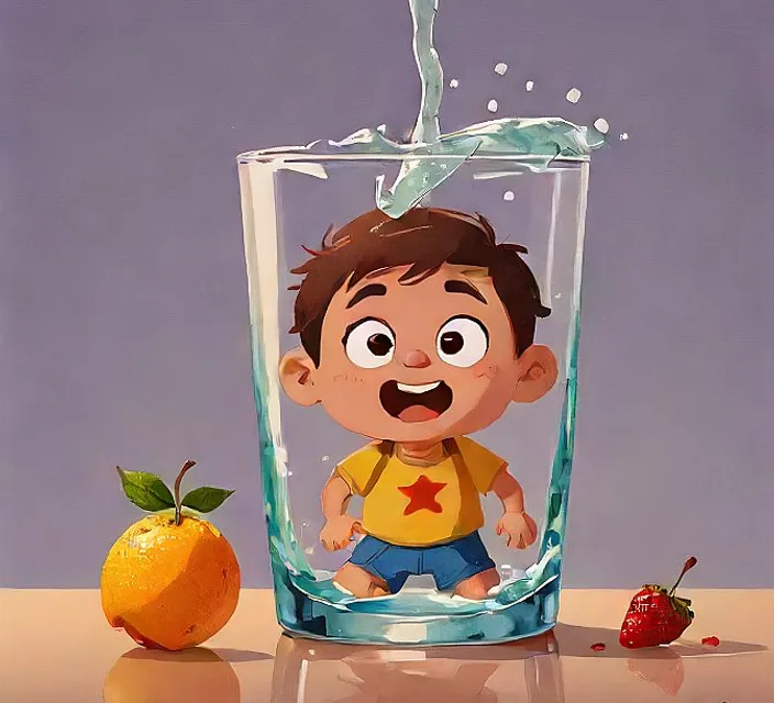 a cartoon boy sitting in a glass of water next to an orange