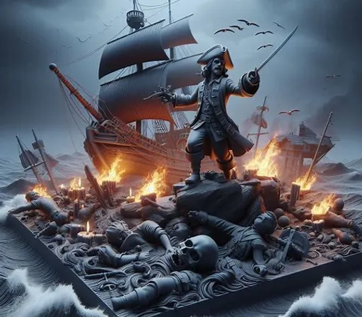 a pirate standing on top of a boat in the ocean