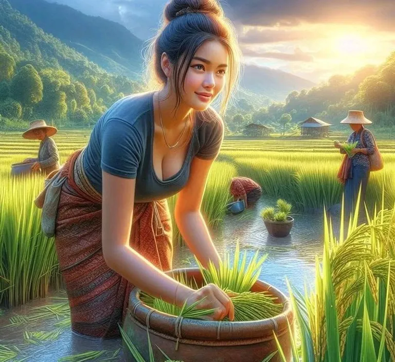 a painting of a woman in a rice field