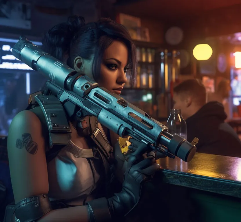 a woman holding a gun in a bar