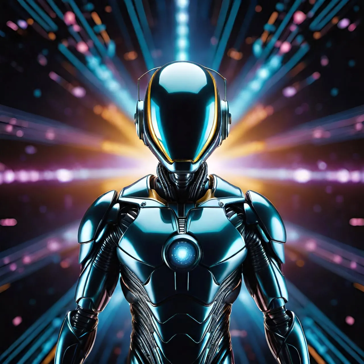 a robot standing in front of a colorful background