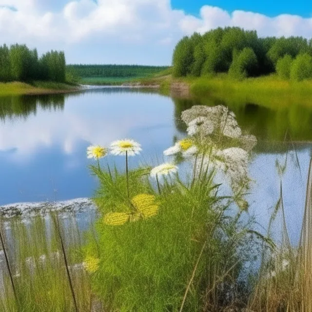 a lake surrounded by tall grass and trees