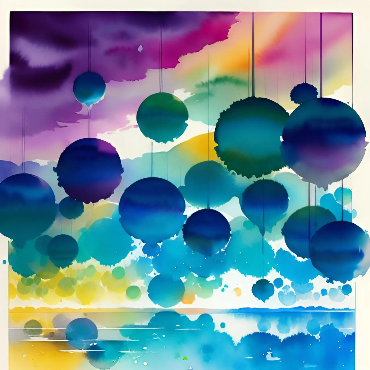 a painting of blue and purple balls hanging from strings