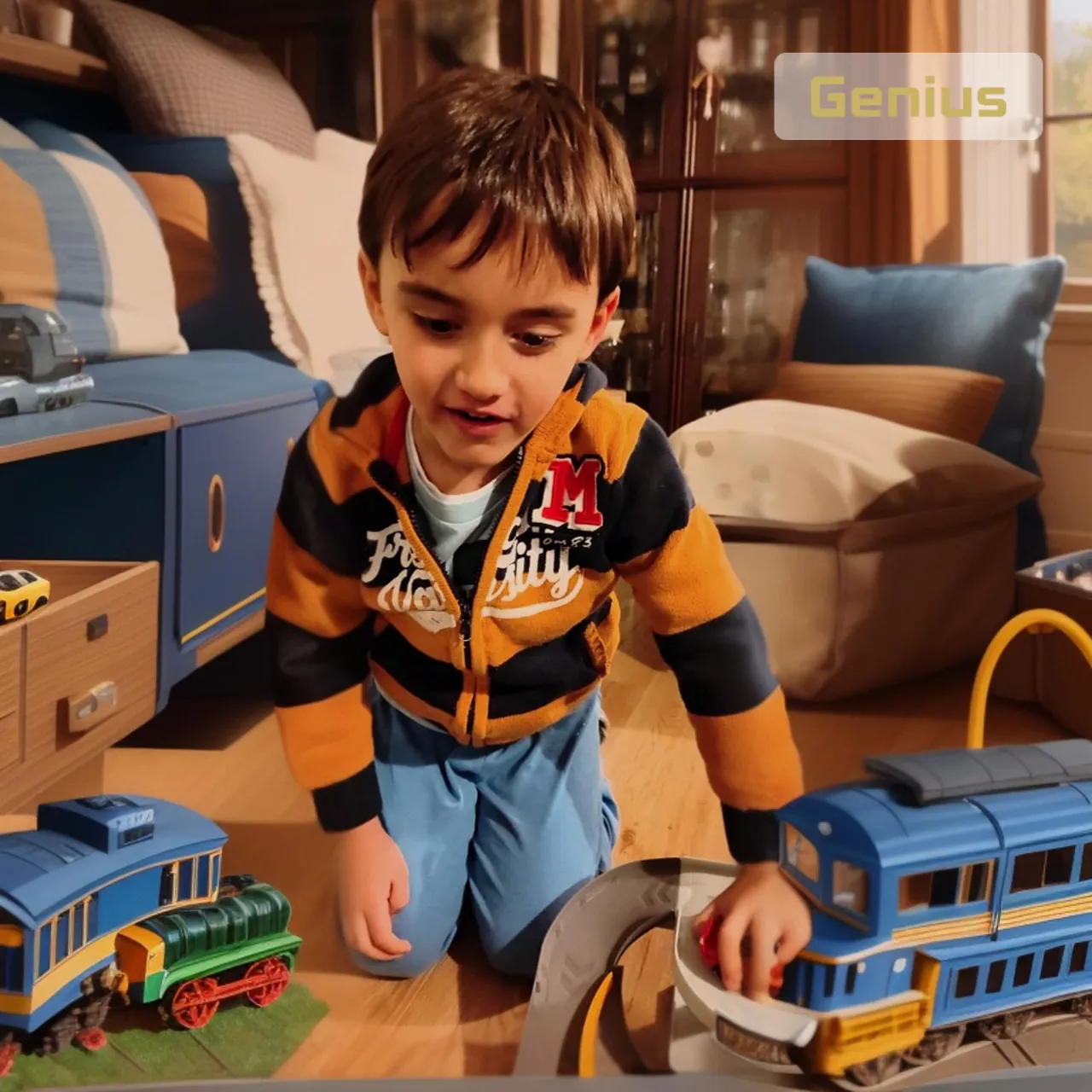 a young boy playing with a toy train set