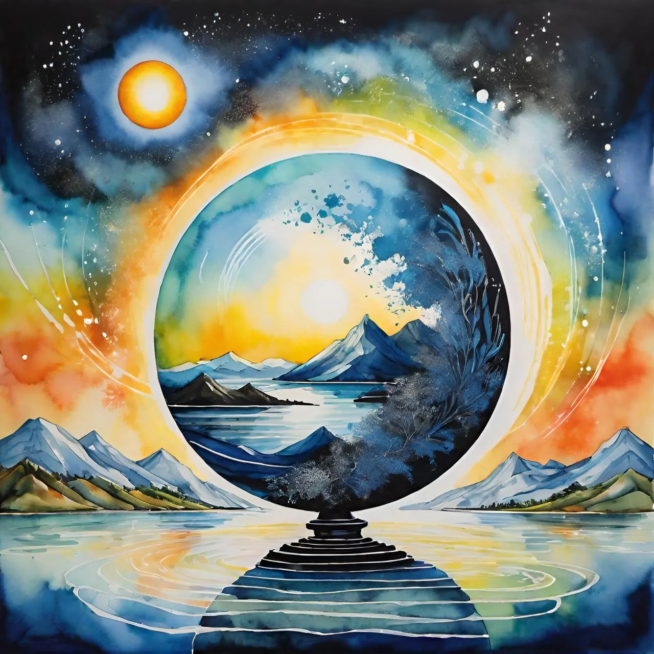 a painting of a full moon over a body of water