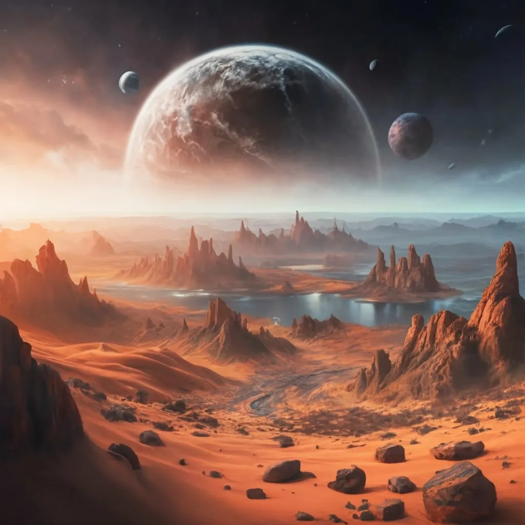 an artist's rendering of a landscape with mountains, rocks, and planets