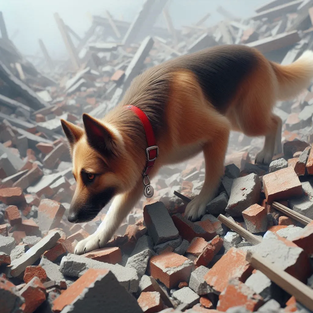 a dog walking through a pile of rubble