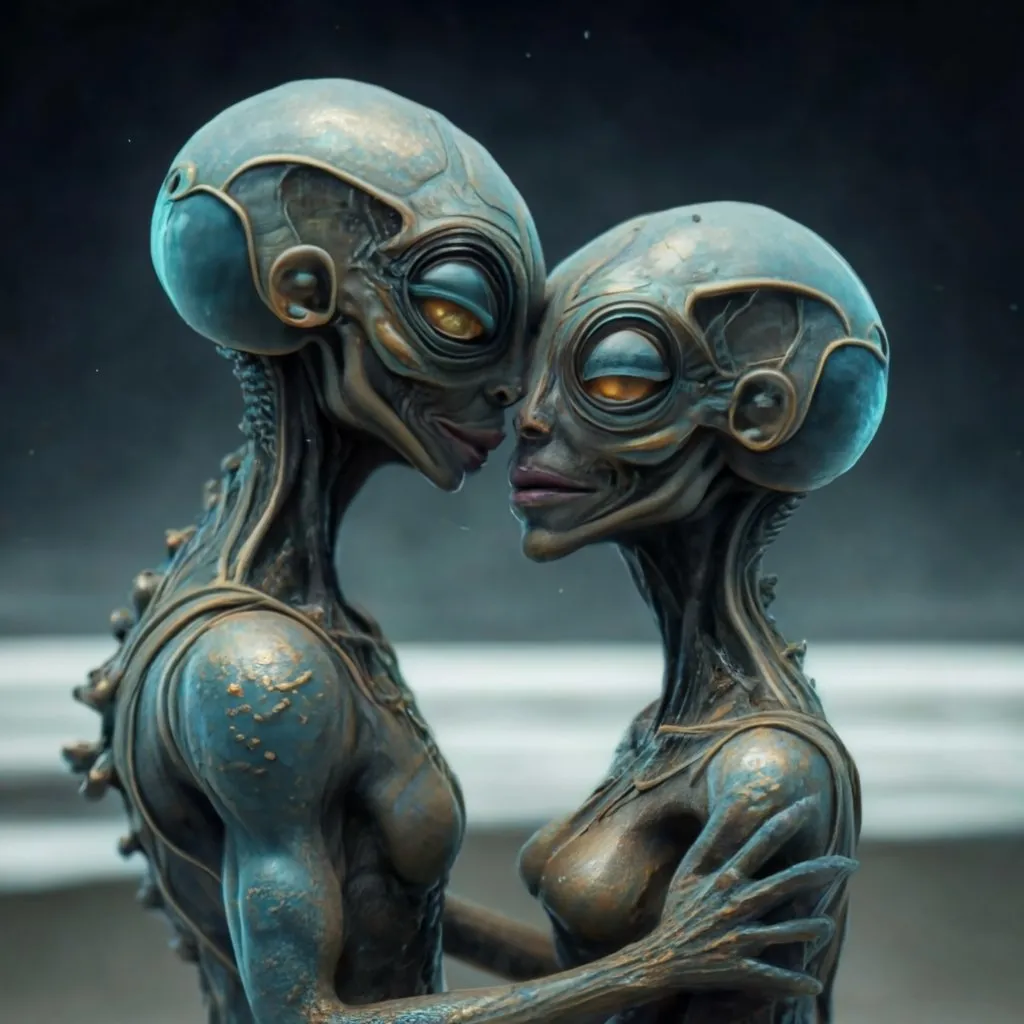 a couple of alien like people standing next to each other