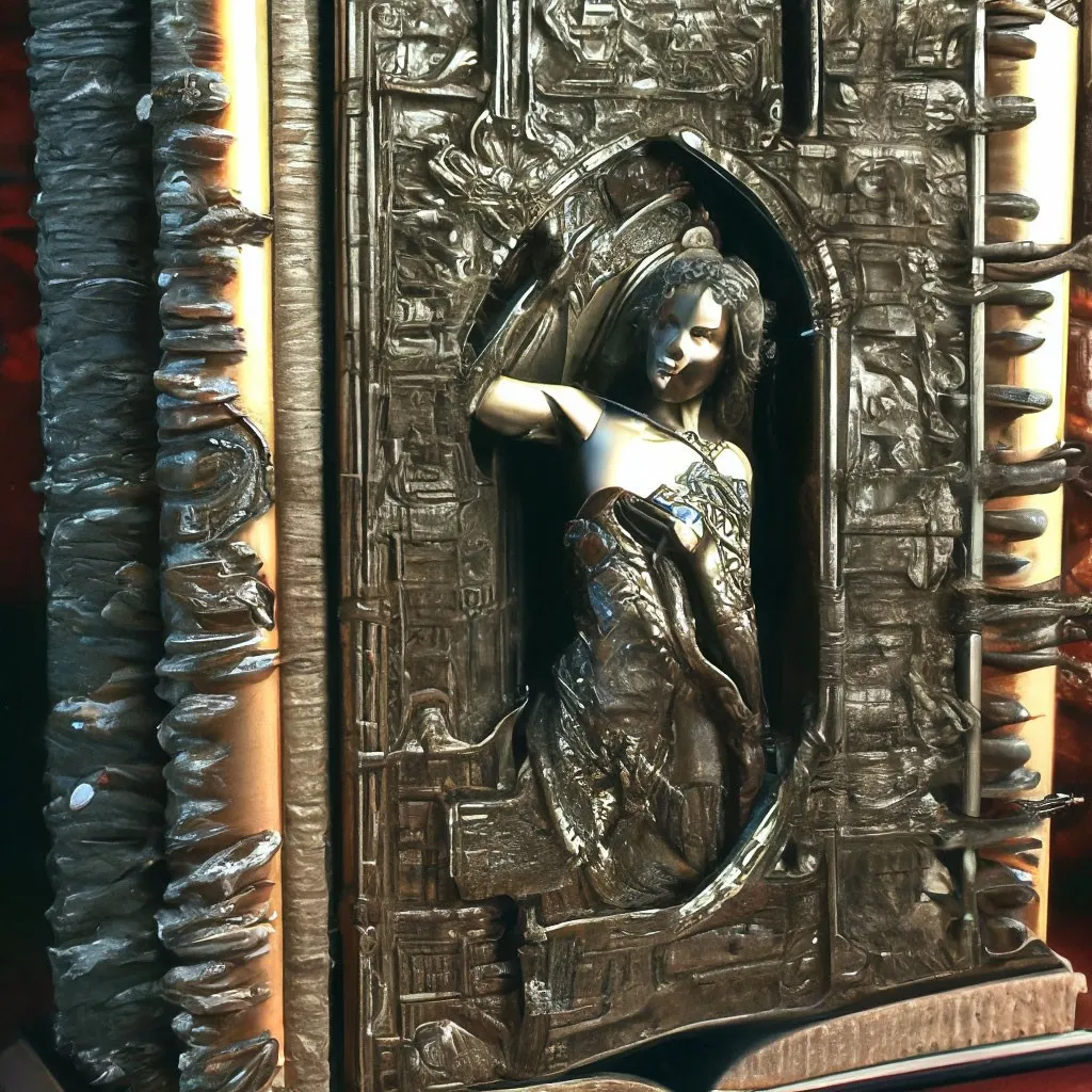 a book with a statue of a woman inside of it