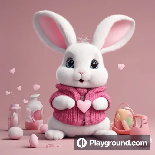 a stuffed rabbit in a pink sweater surrounded by toys