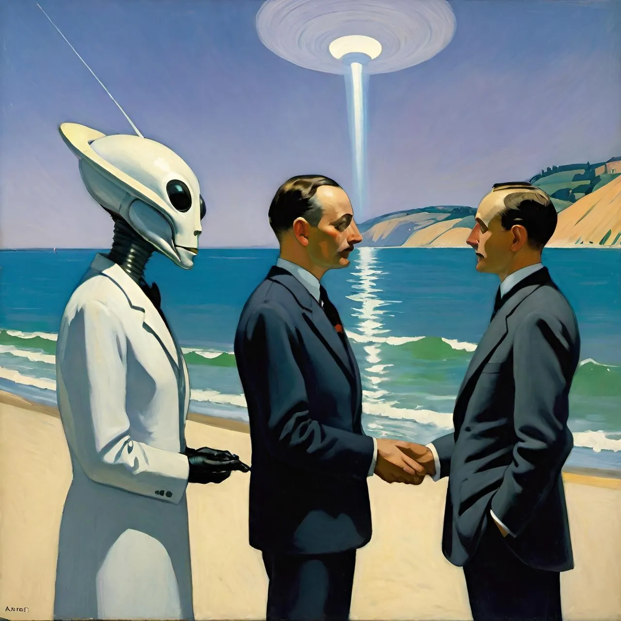 a painting of two men shaking hands with a robot in the background