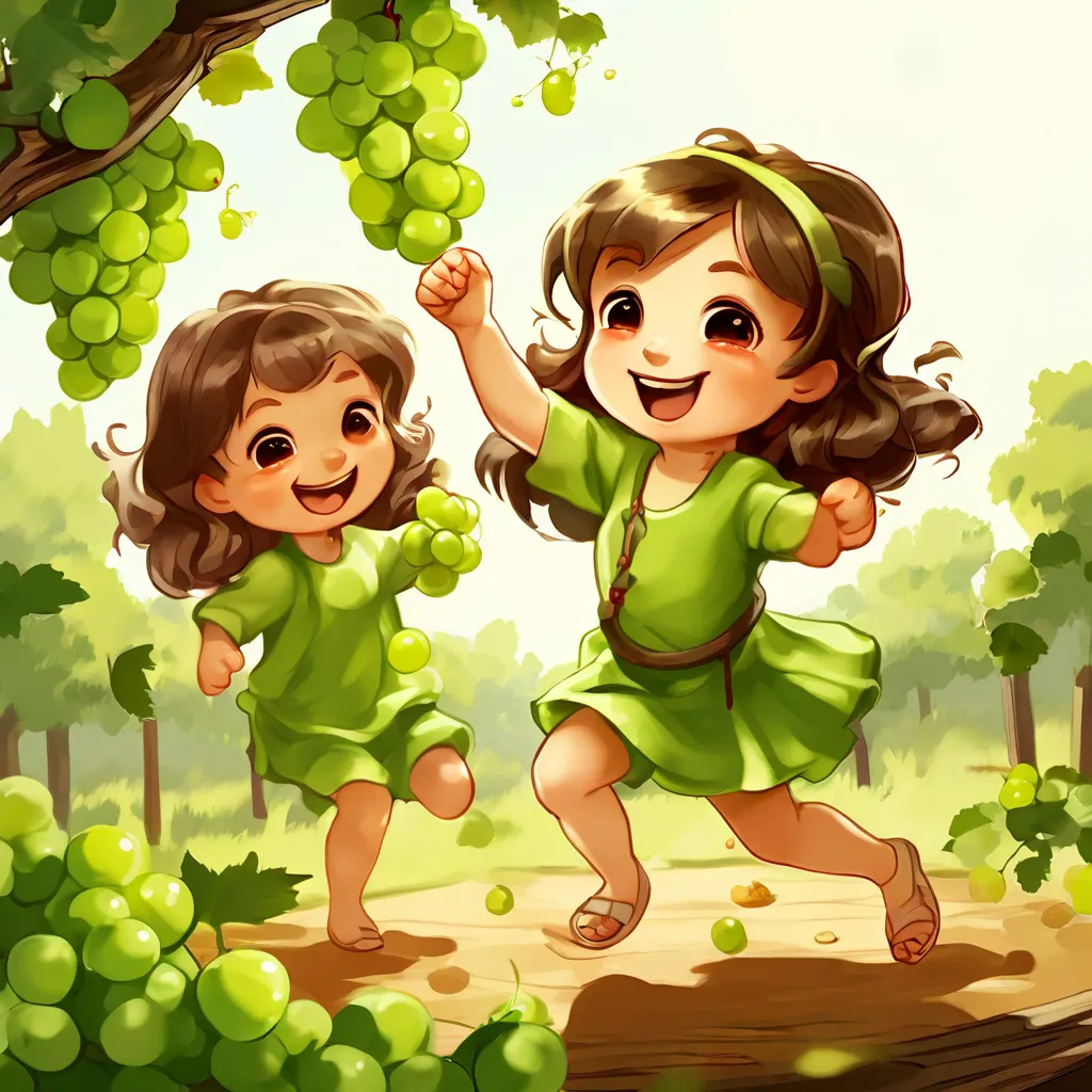 two little girls are running through a forest