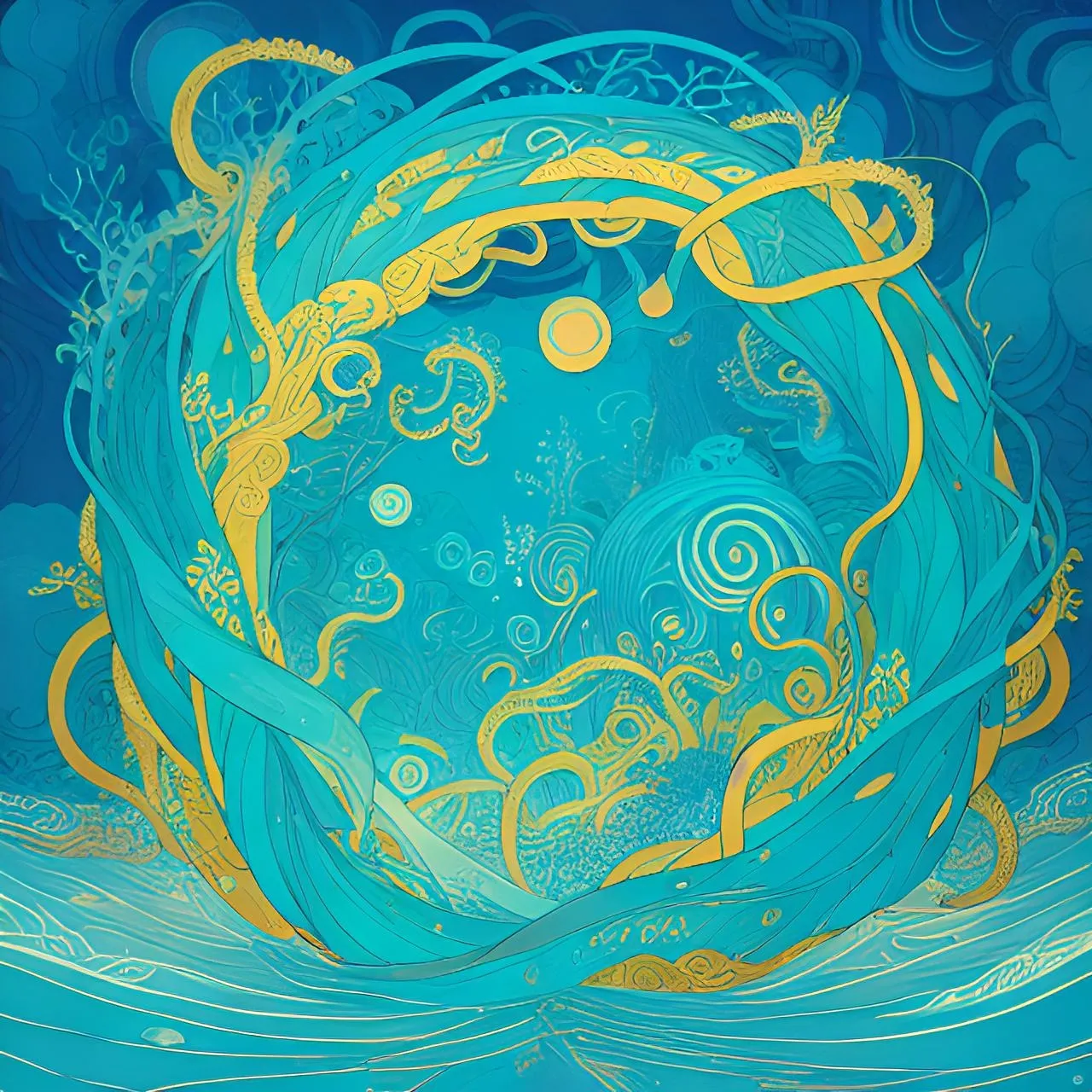 a blue and yellow painting with swirls and bubbles