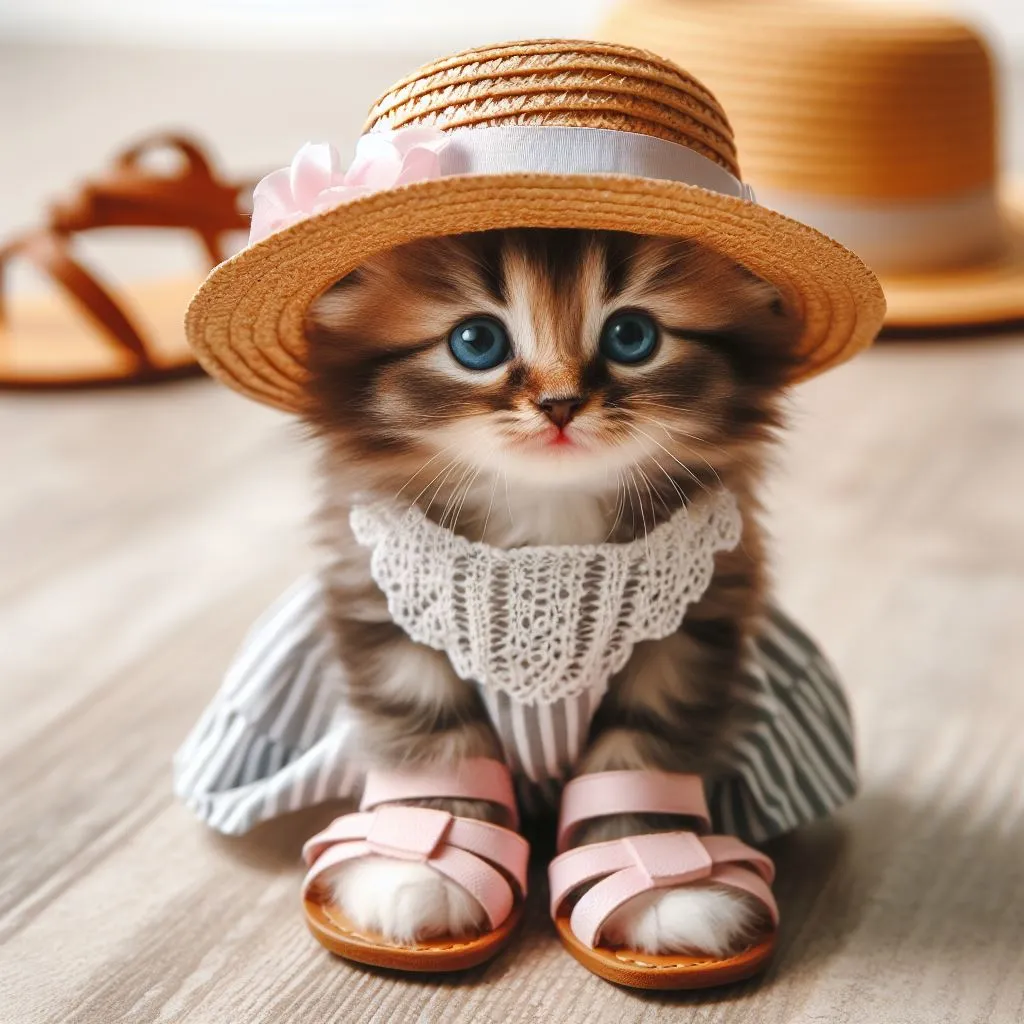 a small kitten wearing a hat and a dress