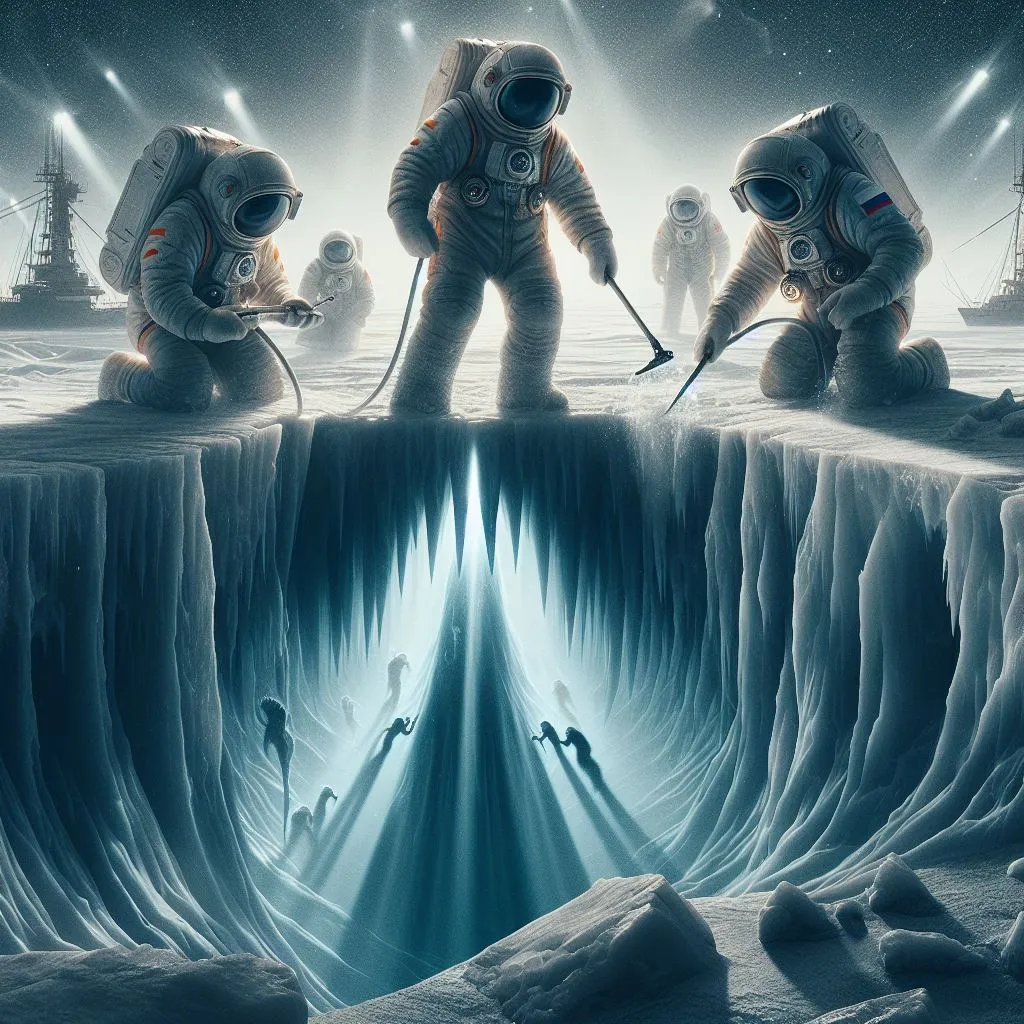 a group of people in space suits standing on ice