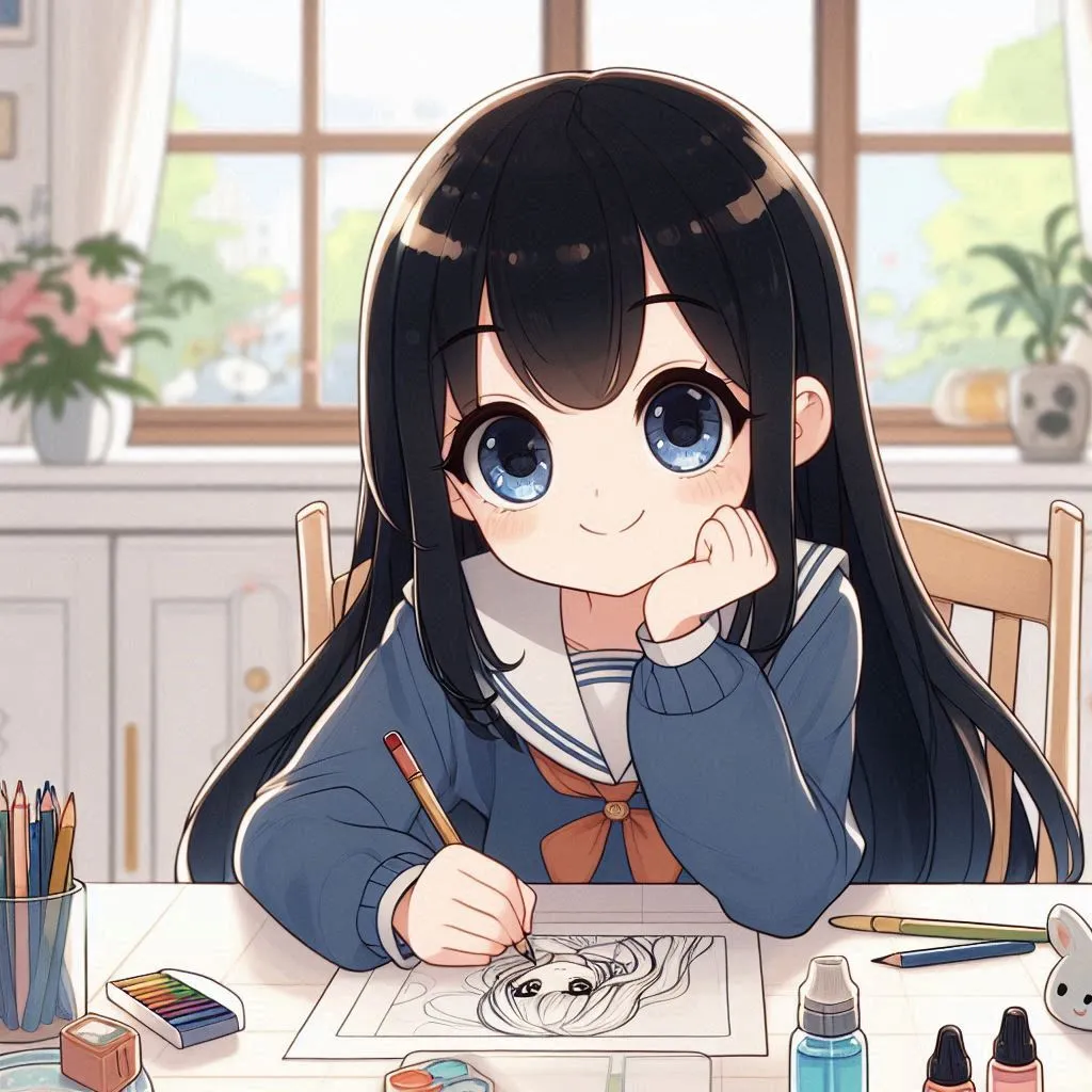 a girl sitting at a table with a pencil in her hand