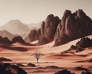 a painting of a desert scene with a lone tree