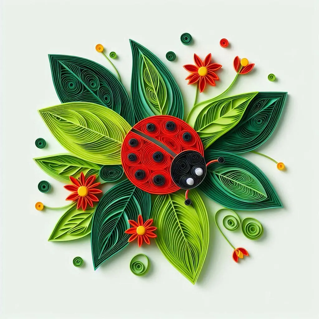 a paper sculpture of a ladybug surrounded by leaves and flowers