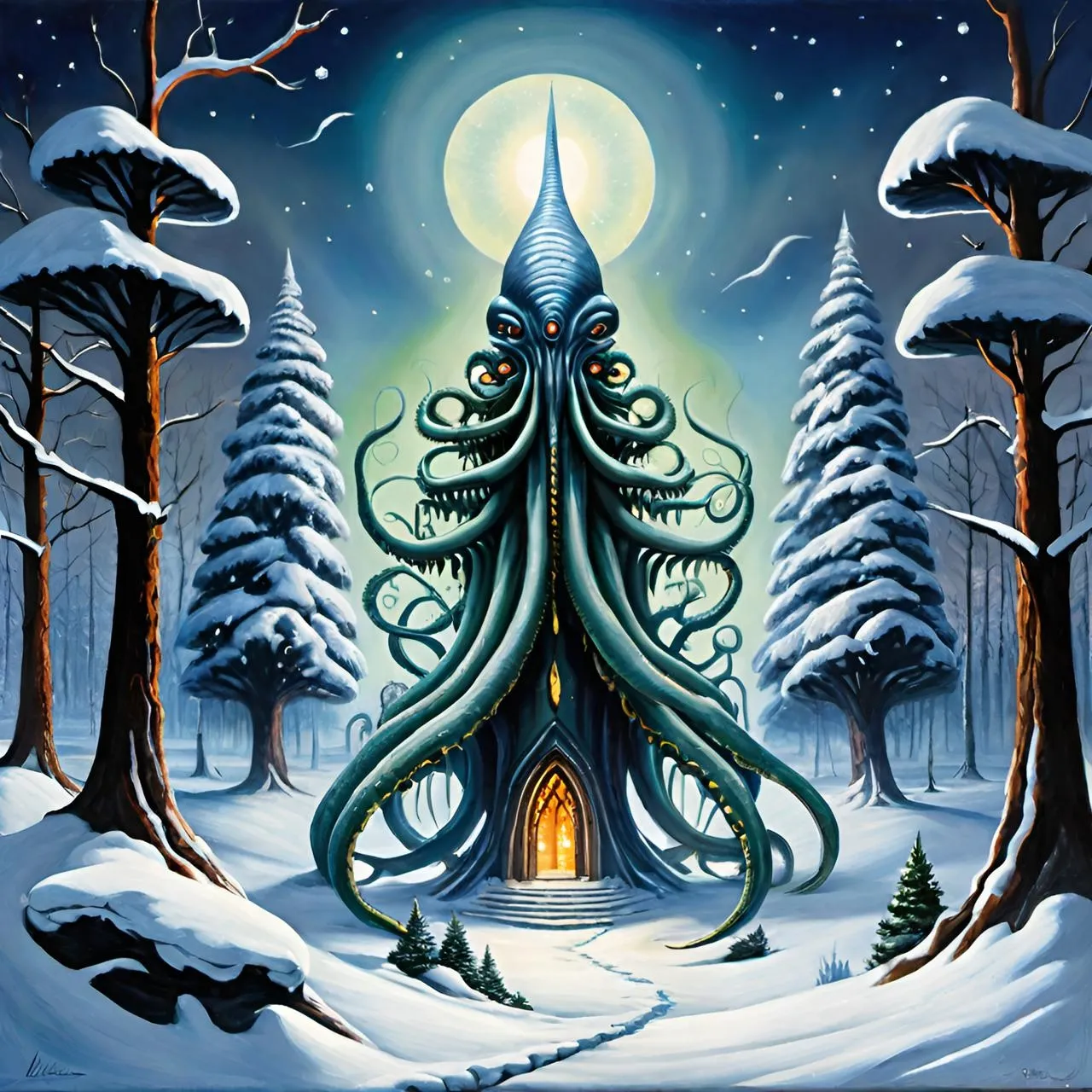 a painting of an octopus house in a snowy forest