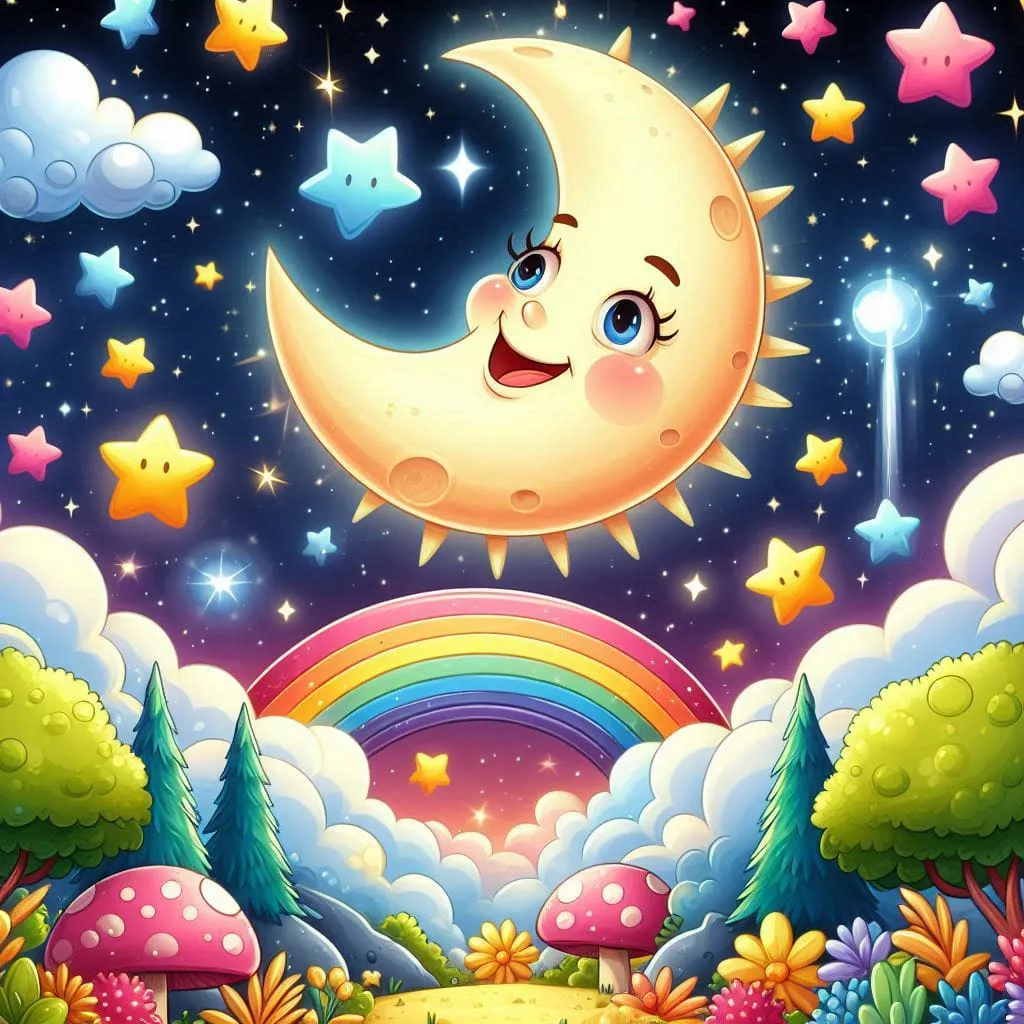 a painting of a cartoon moon and a rainbow